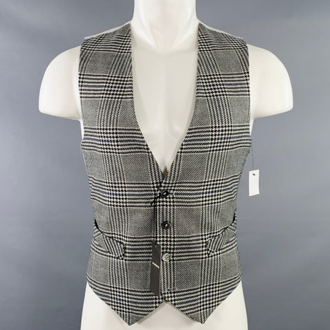 FAVOURBROOK Size 38 Black White Plaid Wool Classic V-Neck Vest