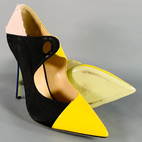 GIANNICO Size 8.5 Yellow Black Pink Color Block Mixed Fabrics Stiletto Pumps