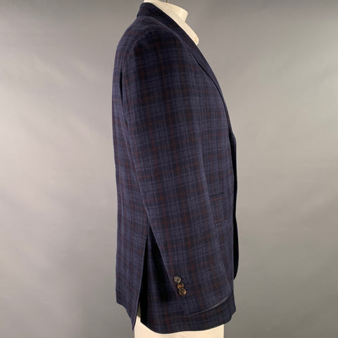BRUNELLO CUCINELLI Size 46 Navy Brown Plaid Linen Blend Sport Coat