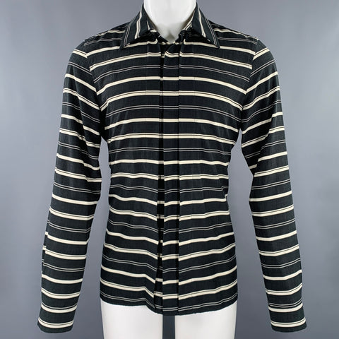 PAUL SMITH Size M Black Cream Stripe Pleated Cotton Blend Long Sleeve Shirt