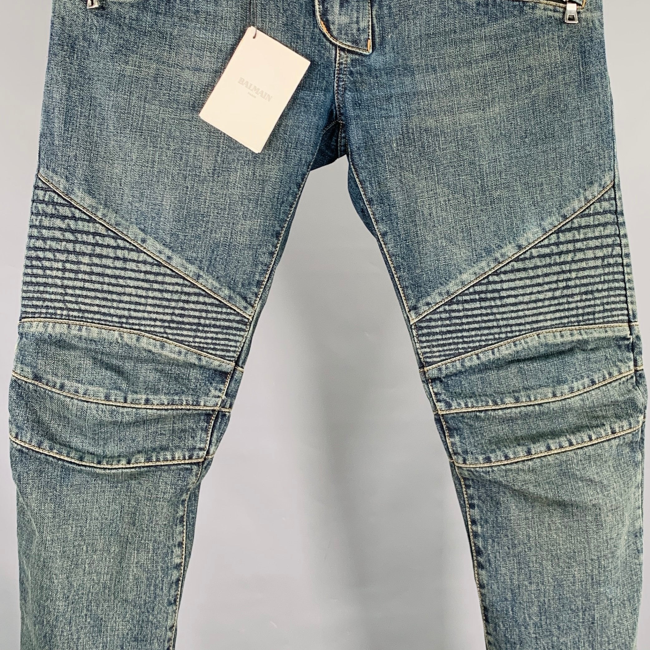 BALMAIN Size 32 Blue Cotton Motorcycle Jeans – Sui Generis