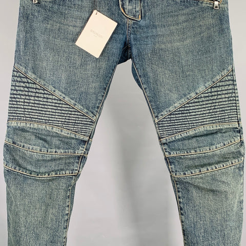 BALMAIN Size 32 Blue Cotton Motorcycle Jeans