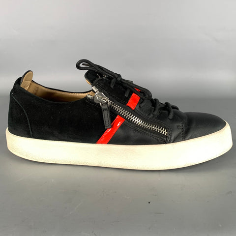 GIUSEPPE ZANOTTI Size 11 Black Red Mixed Fabrics Leather & Suede Sneakers