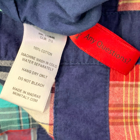 MONITALY Size L Navy Multi Color Madras Cotton Two Pockets Short Sleeve Shirt