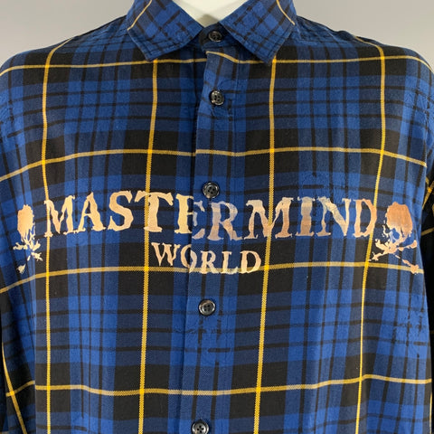 MASTERMIND JAPAN Size XL Navy Black & Yellow Plaid Cotton Long Sleeve Shirt
