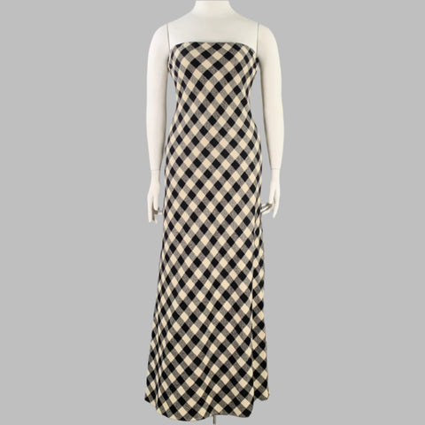 RALPH LAUREN Size 10 Black Cream Wool Buffalo Check Strapless Maxi Dress