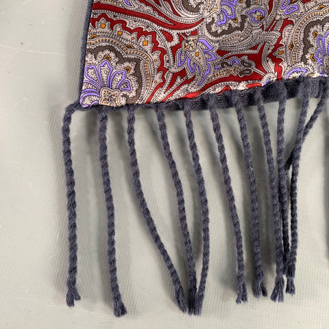 Écharpe Vintage en Cachemire et Soie à Franges Motif Paisley Bleu Marine, Bordeaux et Gris