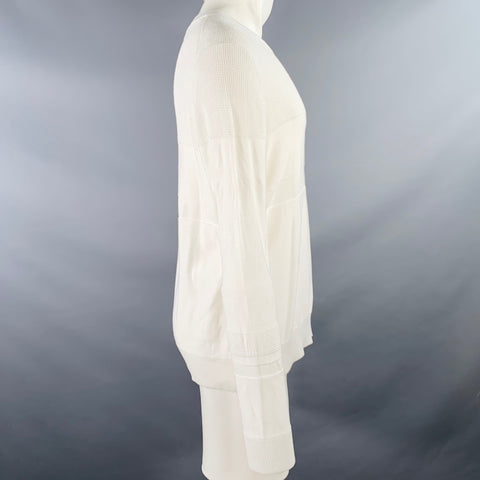 VINCE Size S White Waffle Knit Cotton Stripe Crew Neck Pullover