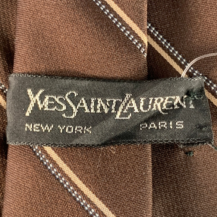 YVES SAINT LAURENT Vintage Brown Tan Diagonal Stripe Silk Skinny Tie