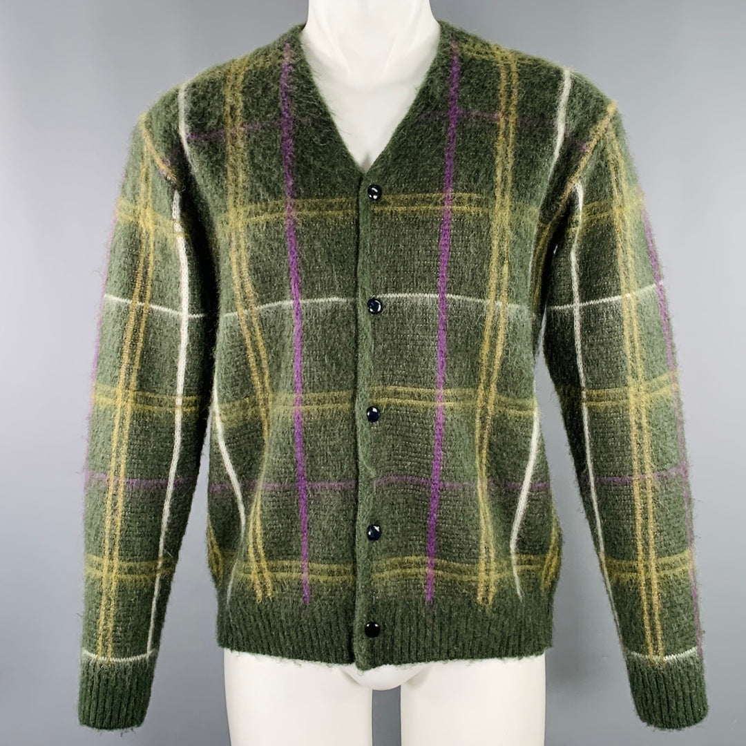 NEEDLES Size XS Green Purple Yellow Plaid Mohair Blend Knit Cardigan