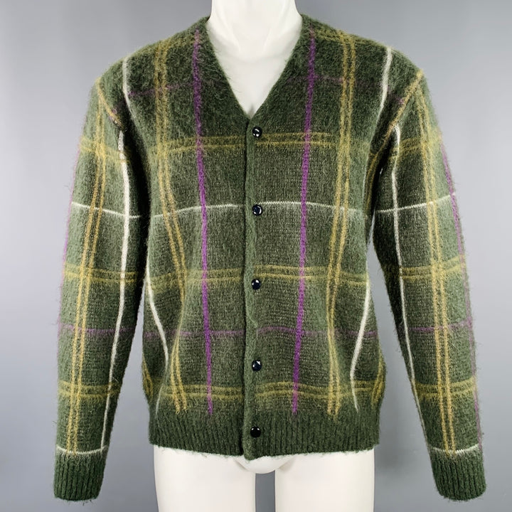 NEEDLES Size XS Green Purple Yellow Plaid Mohair Blend Knit Cardigan