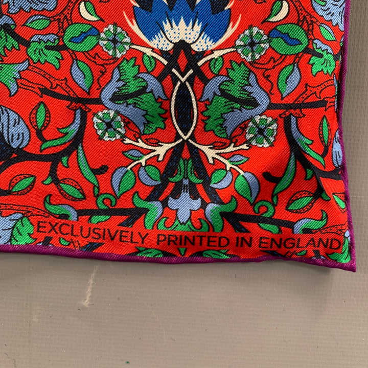 TURNBULL & ASSER Red Navy Green Floral Silk Pocket Square