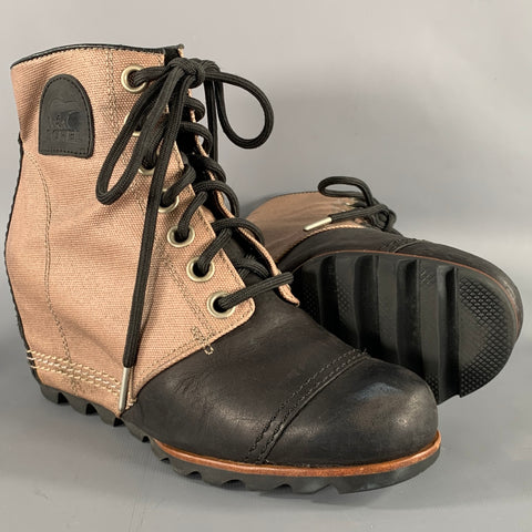 SOREL Size 7.5 Black Taupe Canvas Mixed Materials Wedge Boots