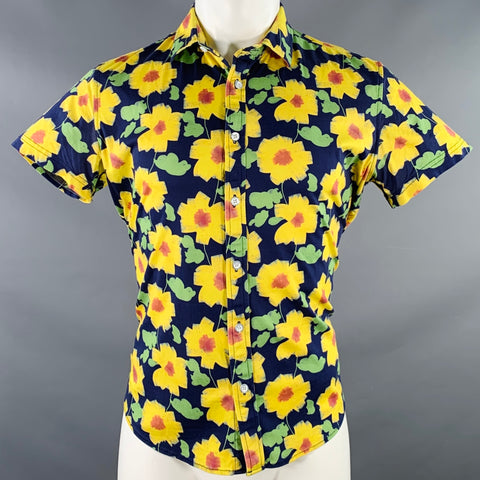STEELE Size M Navy Yellow Floral Sunflowers Cotton Short Sleeve Shirt