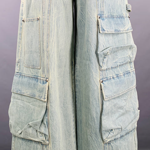 PRIVATE POLICY Size L Giant Cargo Blue Denim Acid Wash Baggy Casual Pants