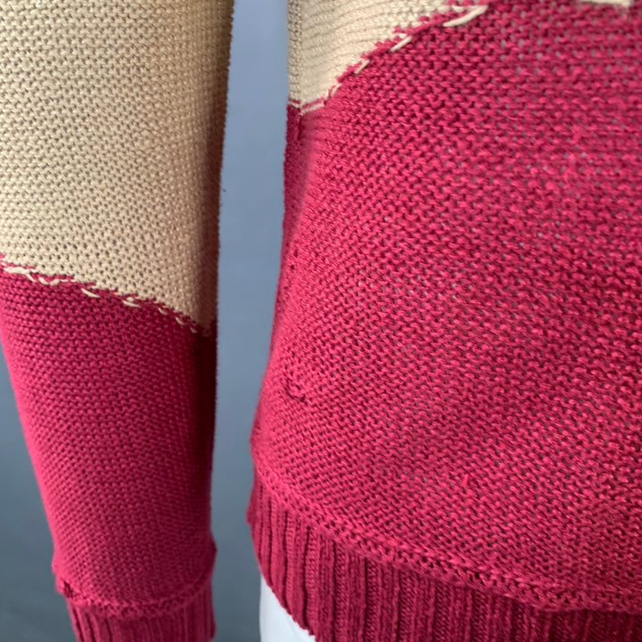 RODARTE for OPENING CEREMONY Size L Beige Red Knit Linen V-Neck Sweater