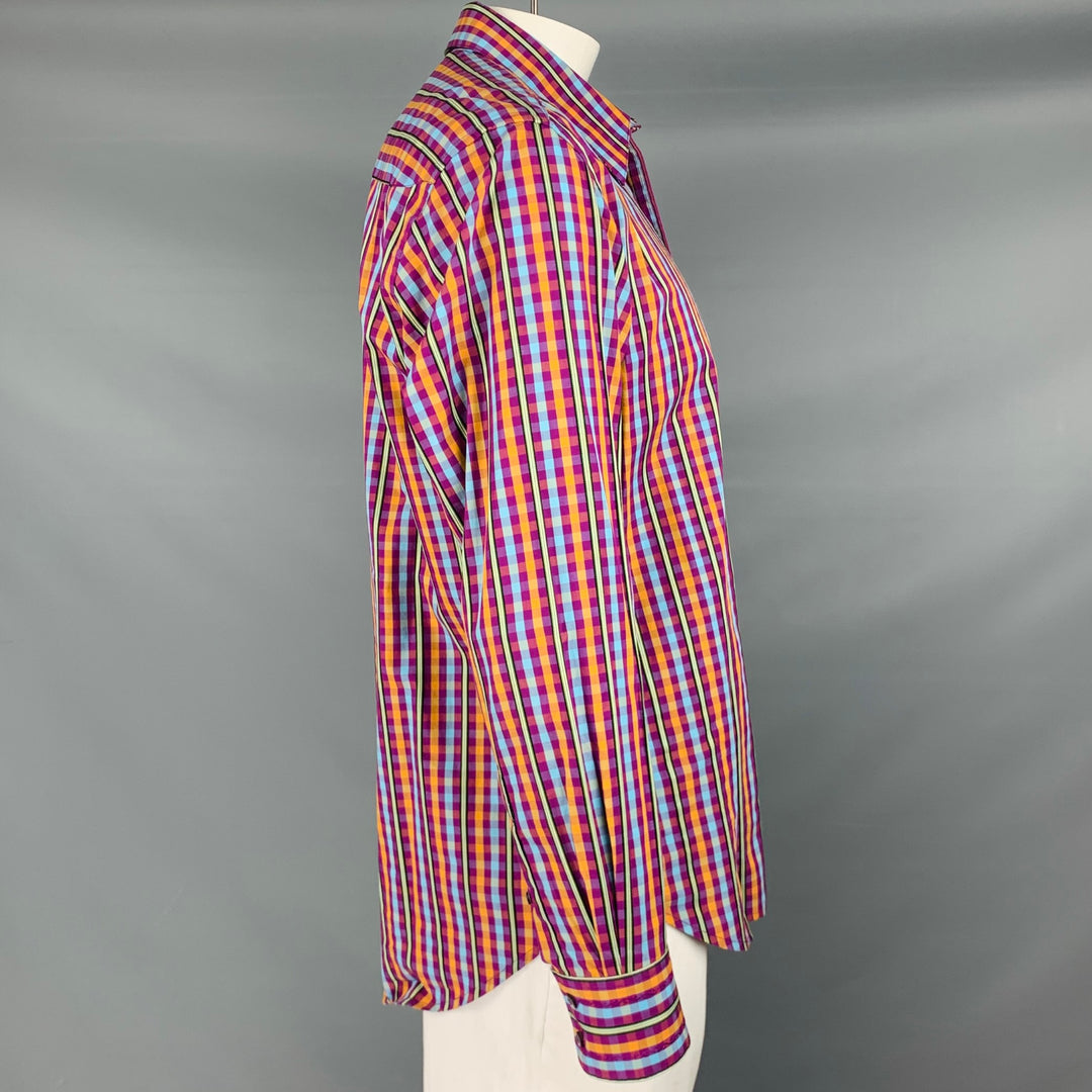 ROBERT GRAHAM Talla L Camisa de manga larga de algodón a cuadros violeta azul naranja