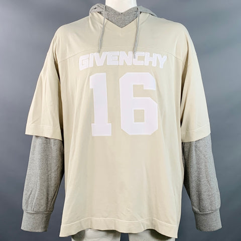GIVENCHY Size L Cream Grey Jersey Double Layer Hooded Sweatshirt