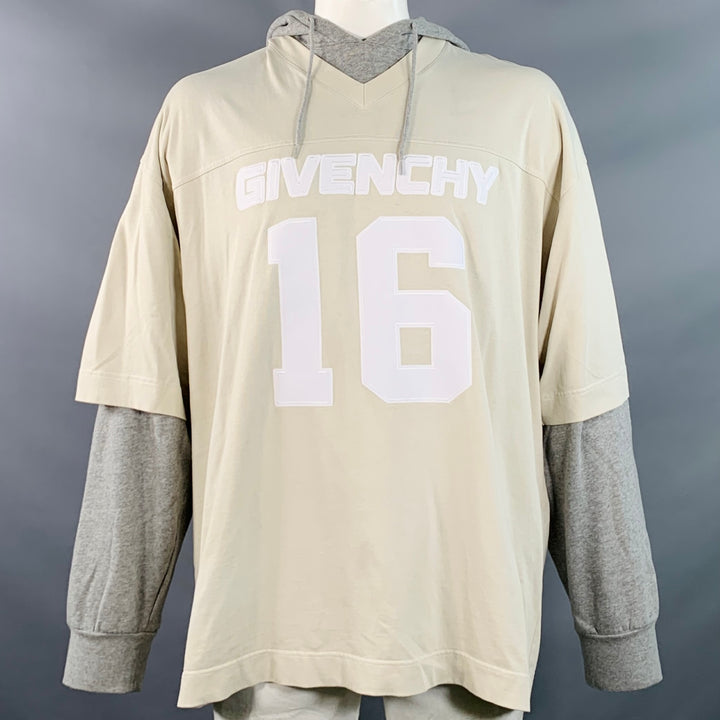 GIVENCHY Size L Cream Grey Jersey Double Layer Hooded Sweatshirt