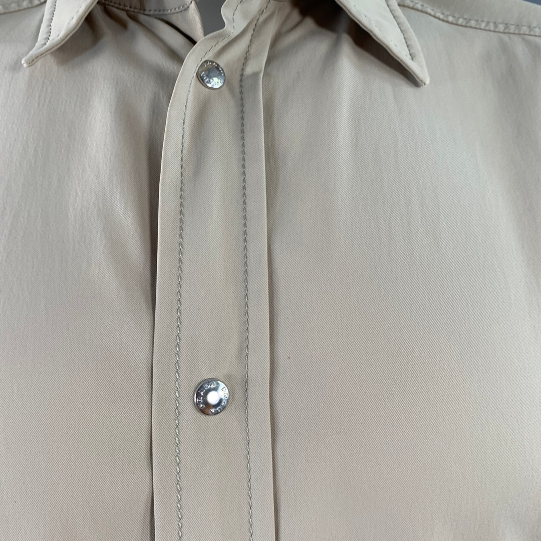PRADA Size L Beige Nylon Blend Twill Snaps Long Sleeve Shirt