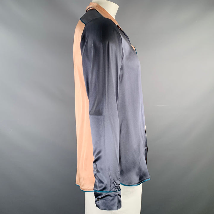 PIERRE-LOUIS MASCIA Size L Blue Pink Color Block Silk Long Sleeve Shirt