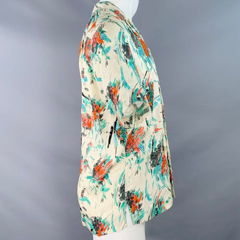 DRIES VAN NOTEN Size XS Cream Green Red Sequined Floral Viscose Camp Short Sleeve Shirt