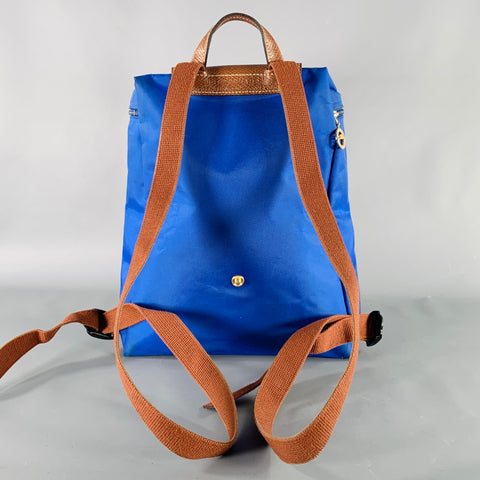 LONGCHAMP Blue Brown Mixed Materials Nylon Leather Backpack Handbag