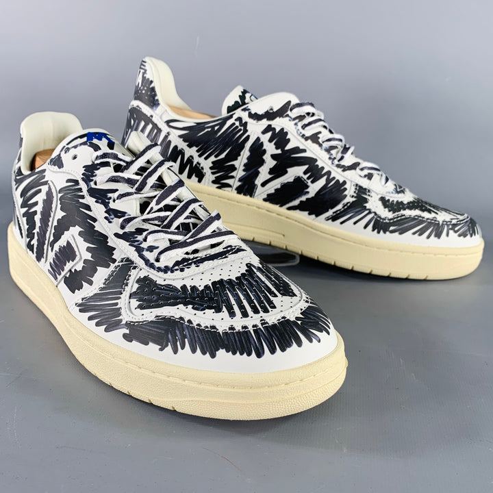 MARNI Size 10.5 White Black Scribble Leather Low Top Sneakers