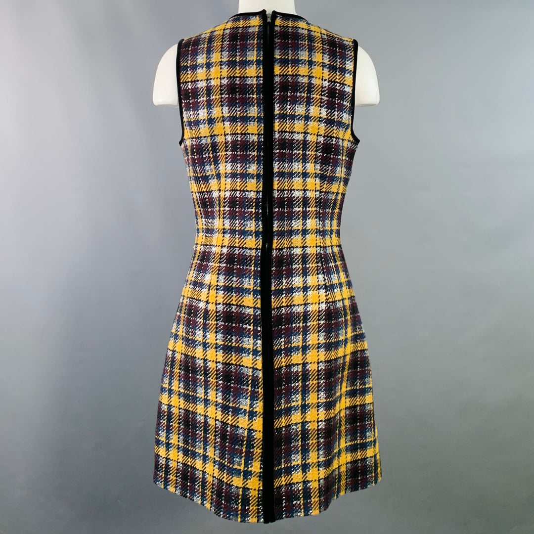 MSGM Size 8 Yellow Black Silver Wool Blend Plaid Ruffle Mini Dress