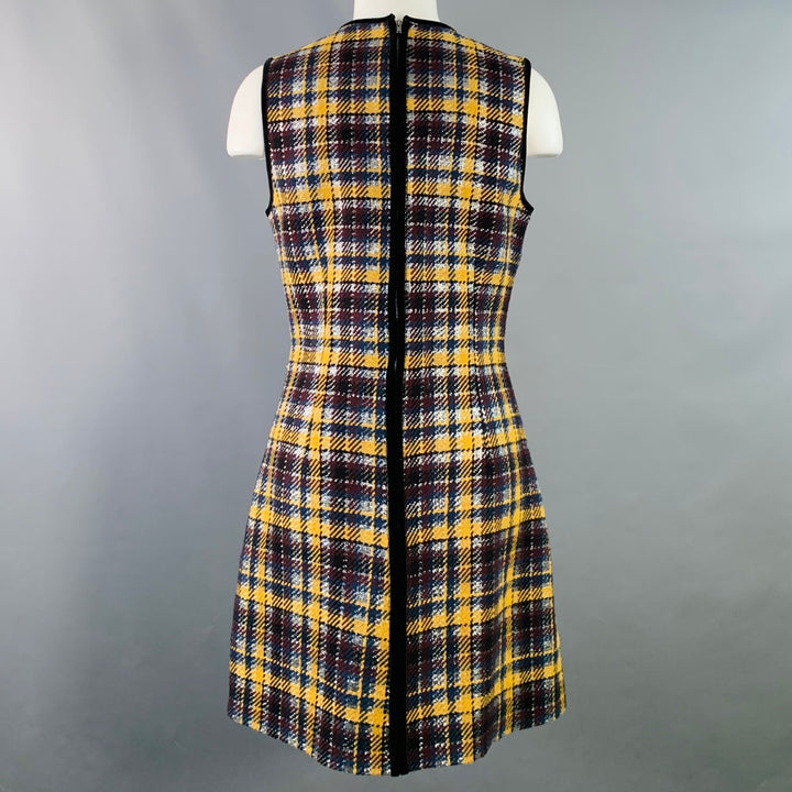 MSGM Size 8 Yellow Black Silver Wool Blend Plaid Ruffle Mini Dress