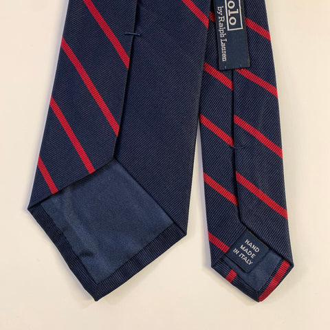 POLO Navy Red Gold Emblem Stripe Silk Tie