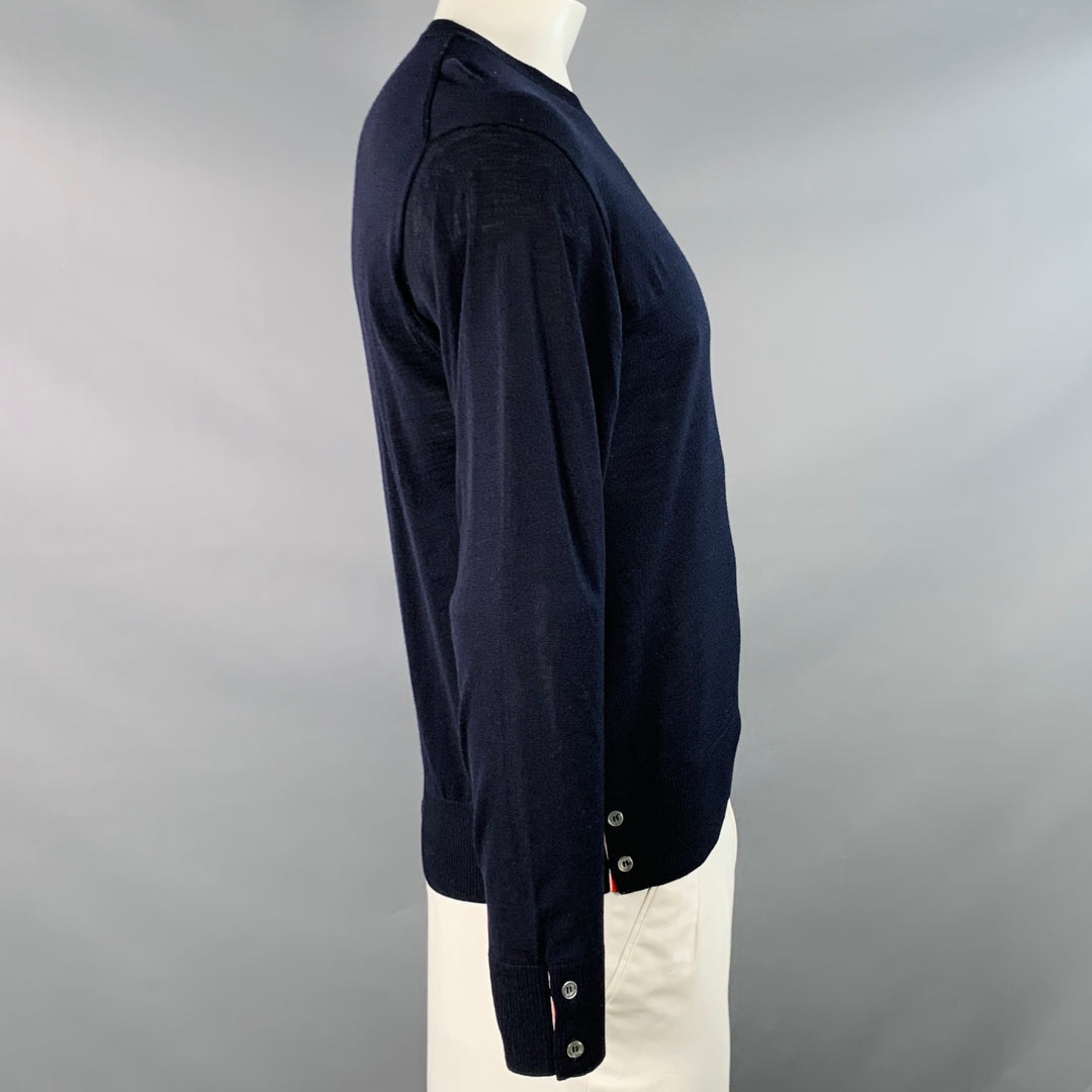 THOM BROWNE Size L Navy White Stripe Merino Wool Pullover