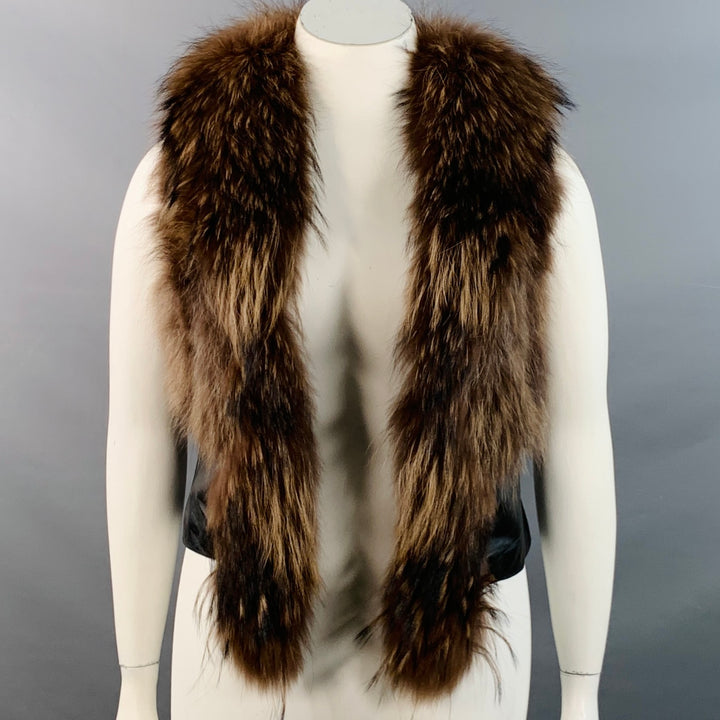 JAYLEY COLLECTION Size 12 Brown Black Leather Fur Trim Open Front Vest