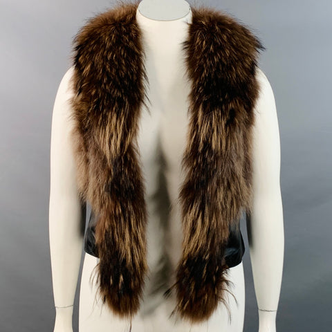 JAYLEY COLLECTION Size 12 Brown Black Leather Fur Trim Open Front Vest