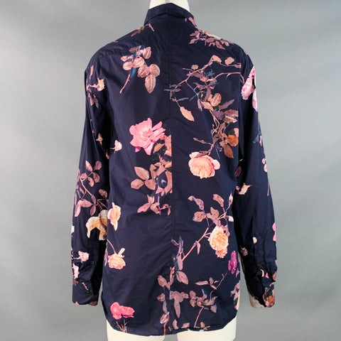 DRIES VAN NOTEN Size 2 Navy Pink Cotton Floral Spread Collar Shirt