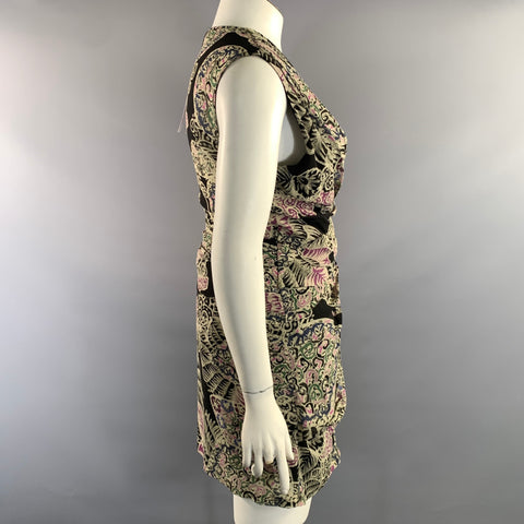 IRO Size 10 Black Beige Silk Abstract Draped Knee Length Cocktail Dress