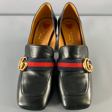 GUCCI Size 7.5 Marmont Black Leather Pearls Chunky Heel Pumps