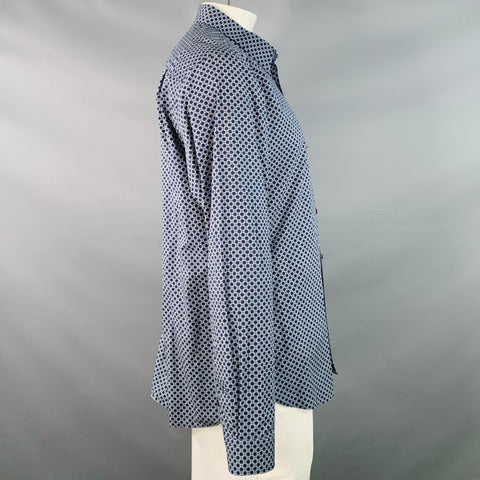 Chemise à manches longues TED BAKER Taille XL Bleu marine Blanc Géométrique Col classique Coupe droite en coton
