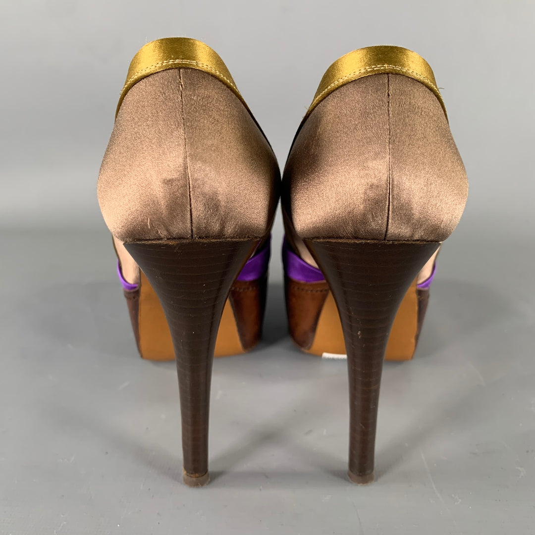 MARNI Size 7.5 Bronze Purple Satin Stripe Round Toe Pumps