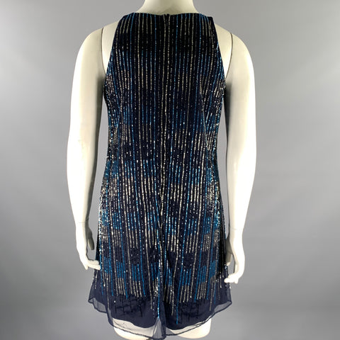 BADGLEY MISCHKA Size 10 Navy Blue Nylon Stripe Shift Knee-Length Cocktail Dress