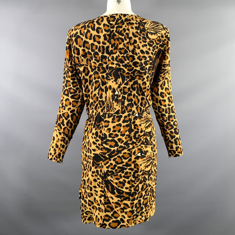 YVES SAINT LAURENT Size 4 Tan Black Silk Leopard Knee-Length Dress