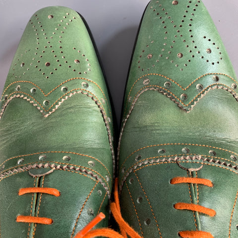 UNDANDY Size 10 Green Orange Perforated Leather Wingtip Oxford Lace-Up Shoes