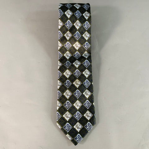 ERMENEGILDO ZEGNA Navy Blue Paisley Checkerboard Silk Tie