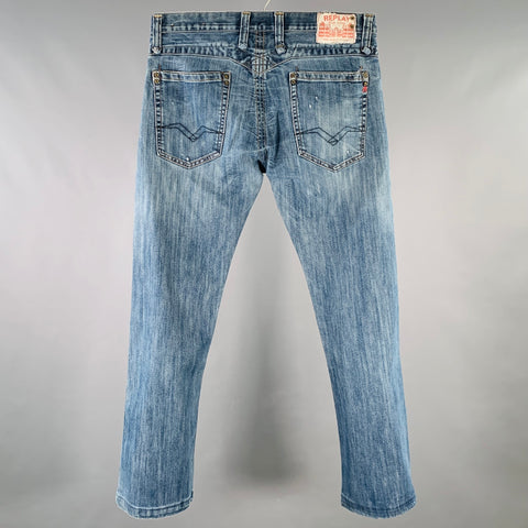 REPLAY Size 32 Blue Contrast Stitch Cotton Blend Straight Jeans