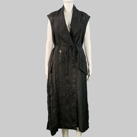 ANN DEMEULEMEESTER Size S Black Linen Blend Stripe Layered Double Breasted Trench Coat