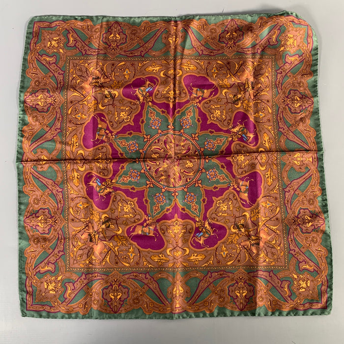 SALVATORE FERRAGAMO Brown Green Equestrian Silk Pocket Square