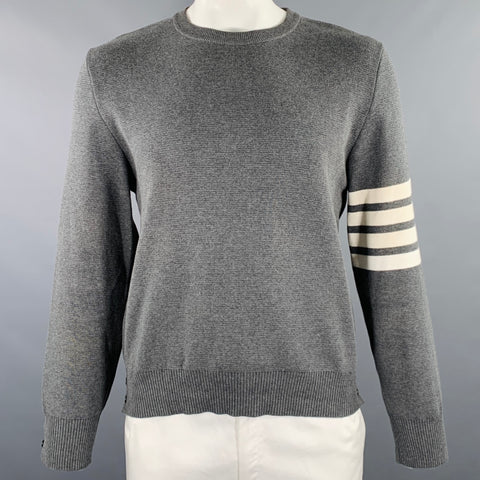 THOM BROWNE Size XL Grey White Knit Cotton Crew Neck Pullover