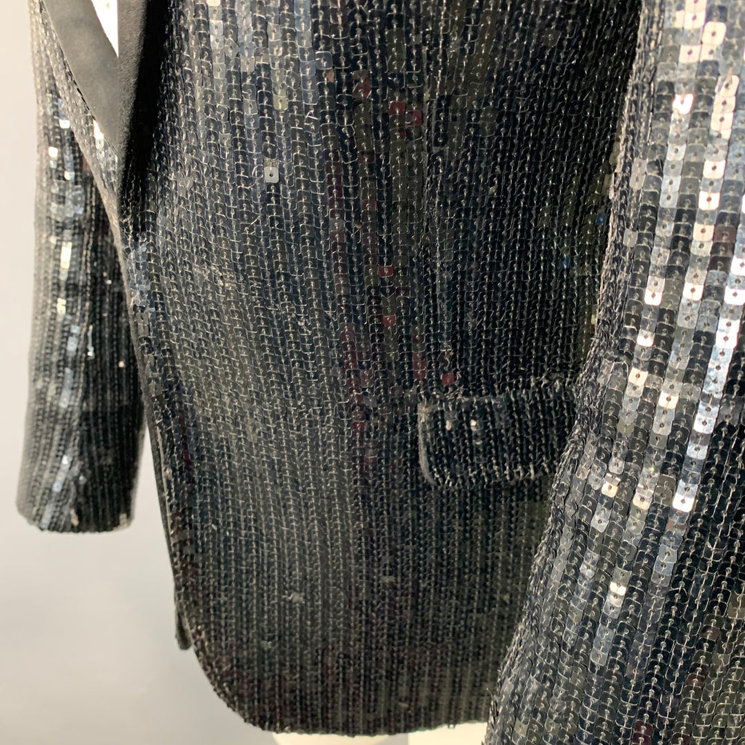 SAINT LAURENT Size 40 Black Polyester Blend Sequined Peak Lapel Sport Coat