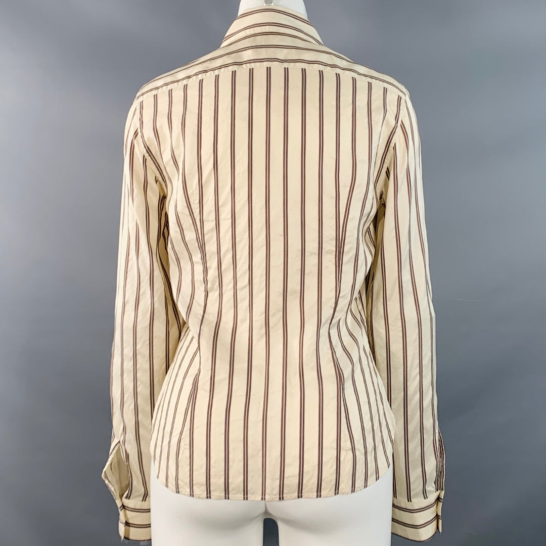 BRIONI Size M Cream Brown Silk Stripe Ruffled Blouse