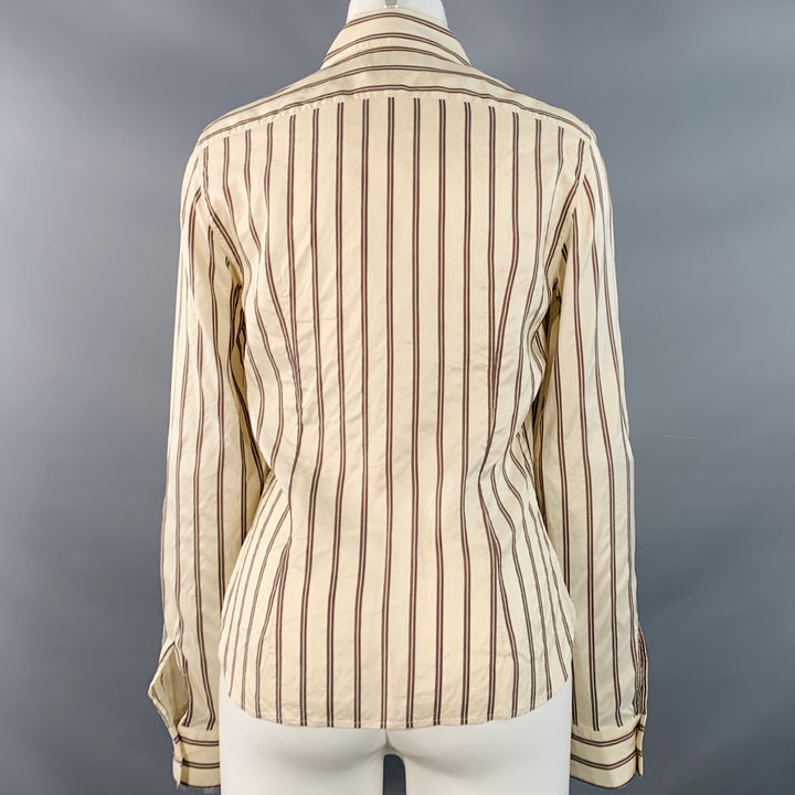 BRIONI Size M Cream Brown Silk Stripe Ruffled Blouse